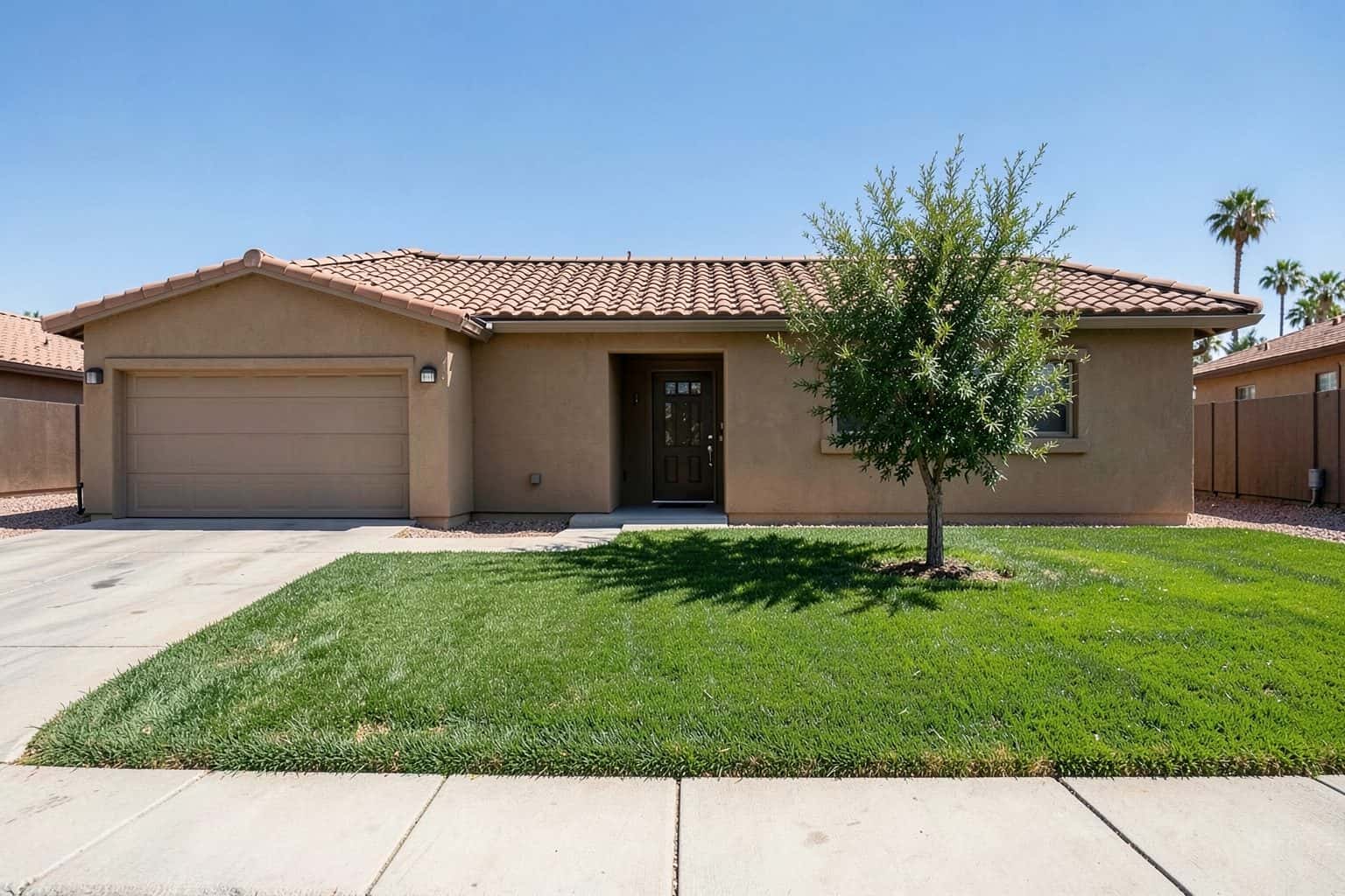 Sample yard: a single-story tan stucco house with a tile roof and a green front lawn